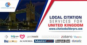 Local Citation Services for United Kingdom - Citation Builder Pro. Logos of platforms including Brij.com, Goodreads, Lookpage, Zotero, and more.