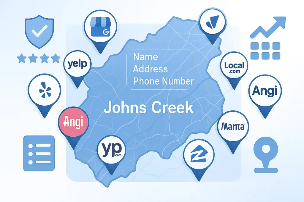 A digital map of Johns Creek, Georgia, showing location pins for top local citation sites including Google My Business (GMB), Yelp, BBB, Yellow Pages (YP.com), Angi, Zillow, Manta, and Local.com. The image features NAP consistency markers, trust signal icons, and SERPs ranking symbols in a clean blue and white corporate design.