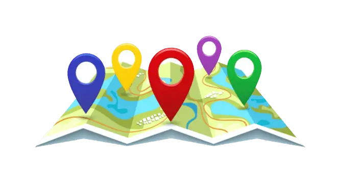 Illustration of a folded map with colorful location pins representing multiple business locations on Google Maps.