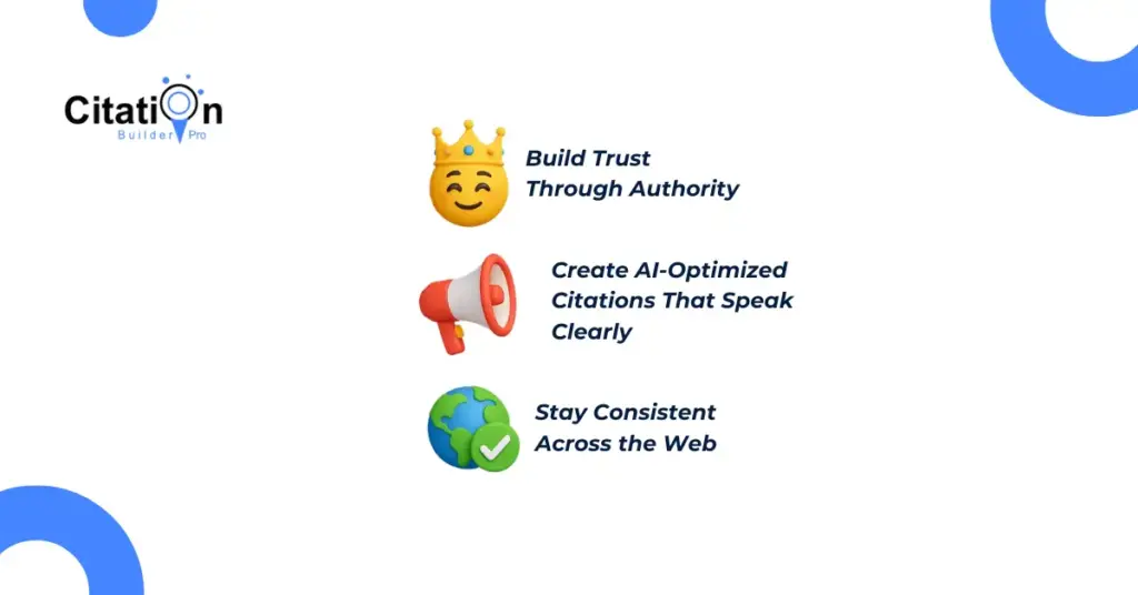Graphic showing three key steps to get cited by AI – build trust through authority, create AI-optimized citations, and stay consistent across the web