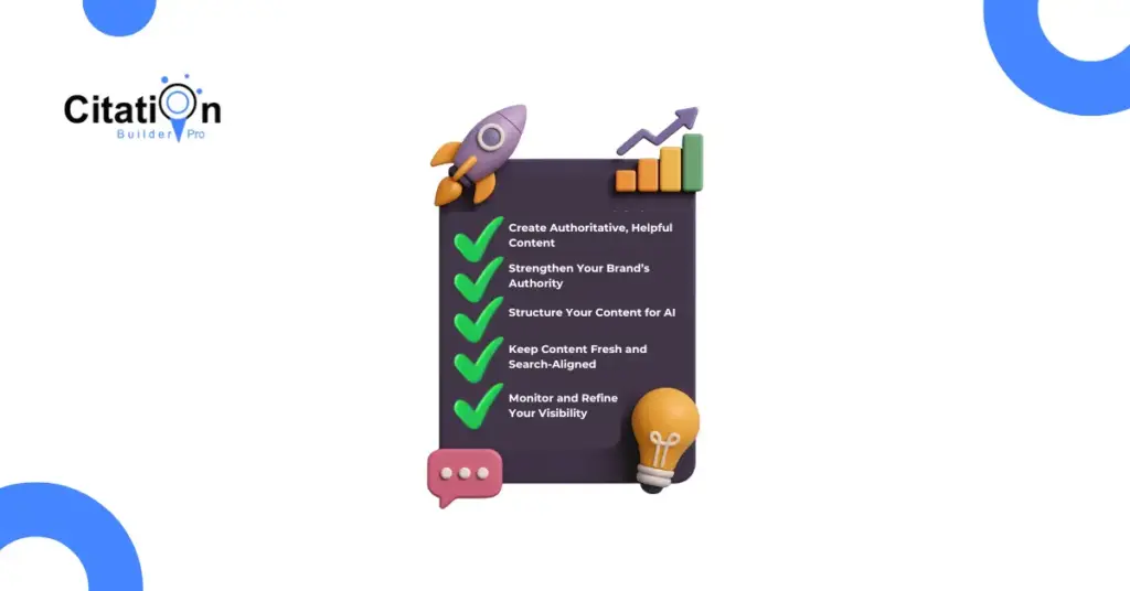 Checklist showing steps to rank as a cited source in AI Overviews including content quality, authority, structure, freshness, and visibility