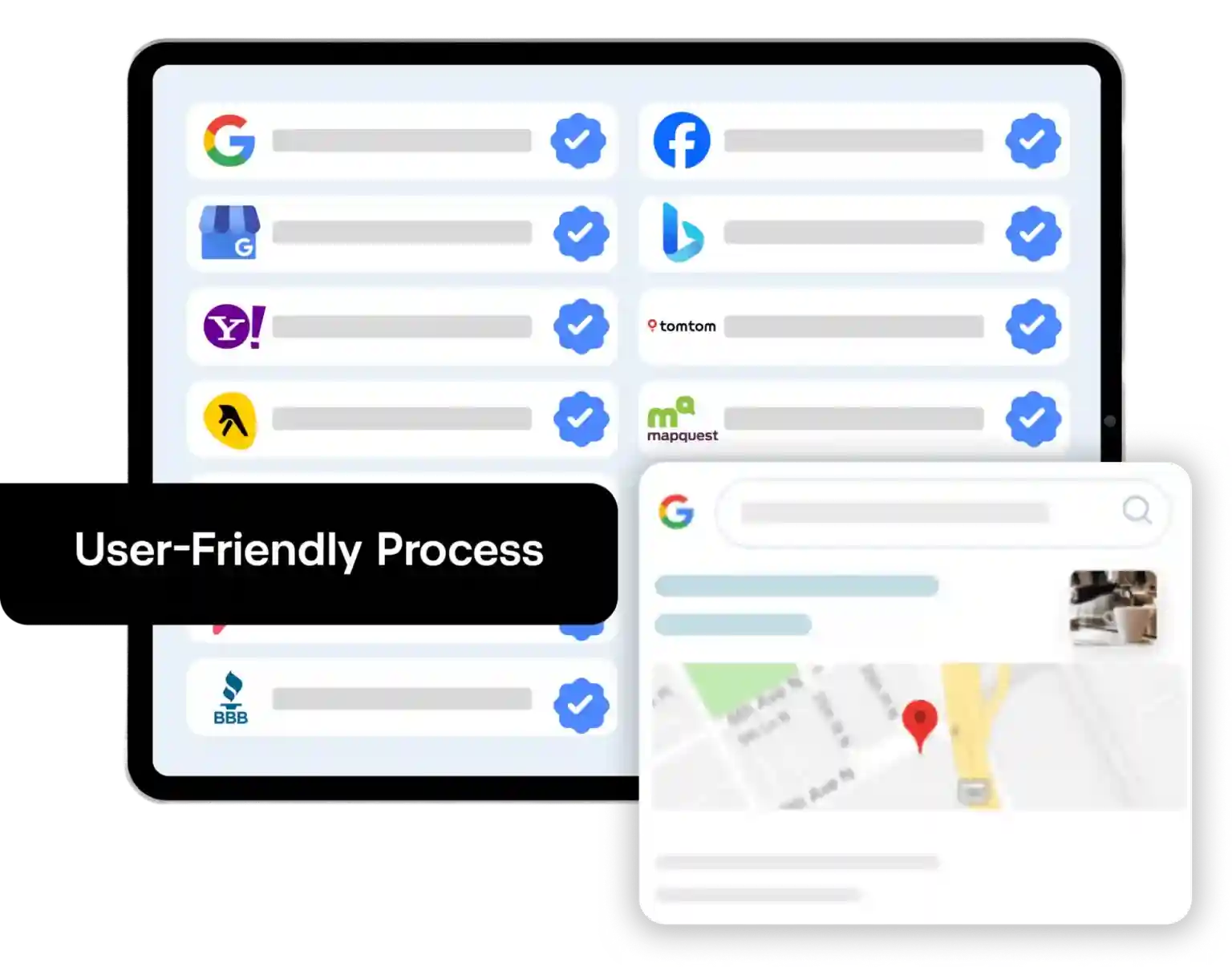 Visual example of local citations on Google, Facebook, Bing, Yahoo, and MapQuest, showing how consistent NAP details help businesses rank higher in local SEO results.