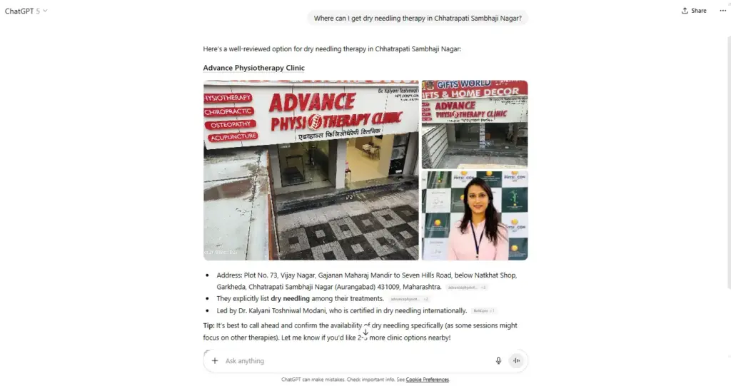 ChatGPT result showing Advance Physiotherapy Clinic for dry needling in Chhatrapati Sambhaji Nagar