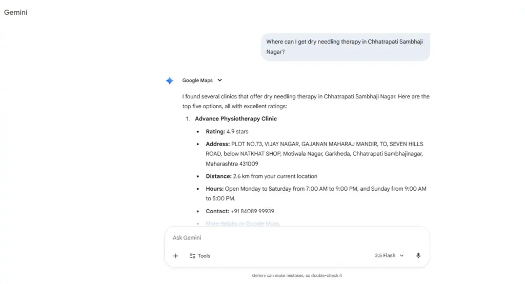 Google Gemini AI Overview showing Advance Physiotherapy Clinic for dry needling.