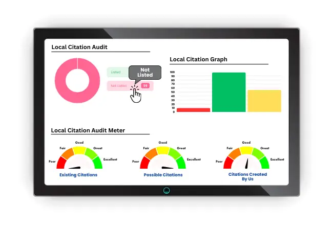 Local Citation Audit dashboard showing NAP consistency checks, citation status, possible citations, and audit metrics.