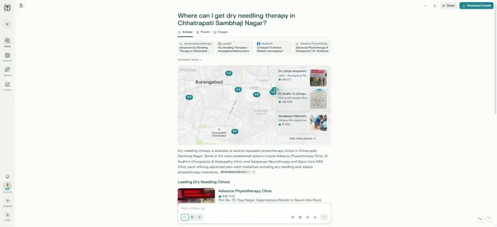 Perplexity AI result citing Advance Physiotherapy Clinic for dry needling.