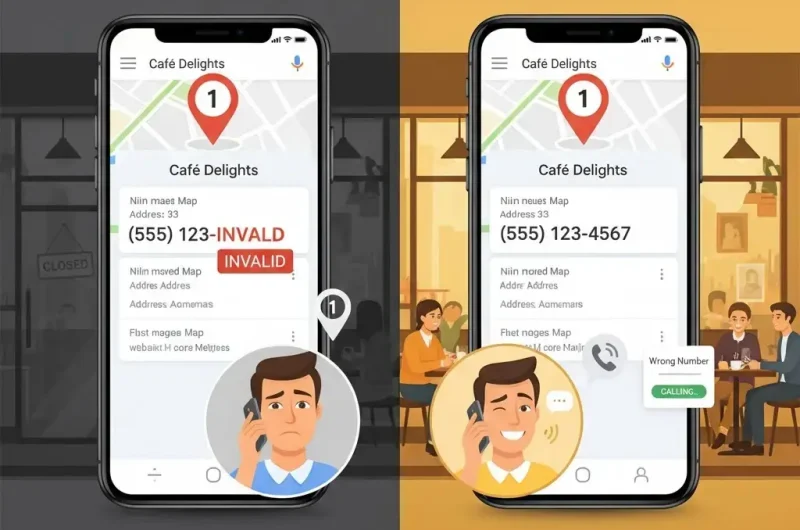 Side-by-side comparison image showing a lost customer due to an invalid phone number on a Google Maps listing (Problem), versus a successful connection and happy customer due to consistent NAP data (Solution).